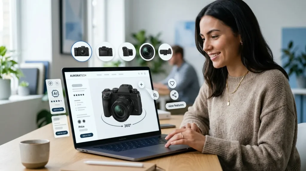 AI-powered 360° product view showing an interactive ecommerce product from every angle