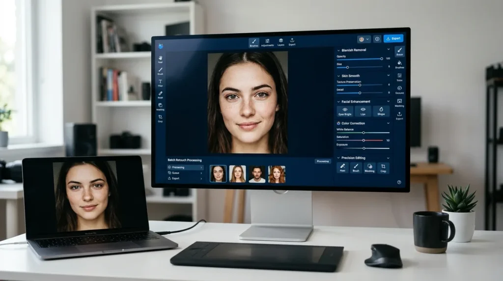 AI Retouch enhancing portrait photos while preserving natural skin texture and realistic details