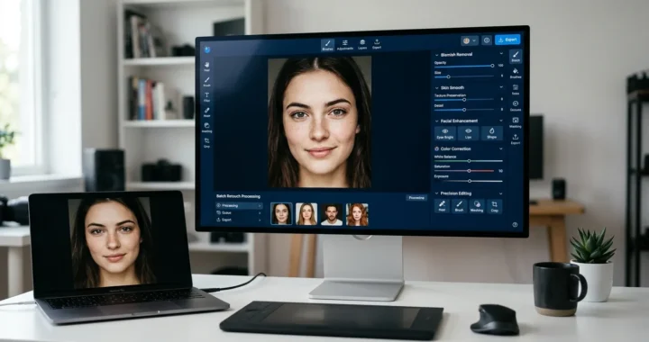 AI Retouch enhancing portrait photos while preserving natural skin texture and realistic details