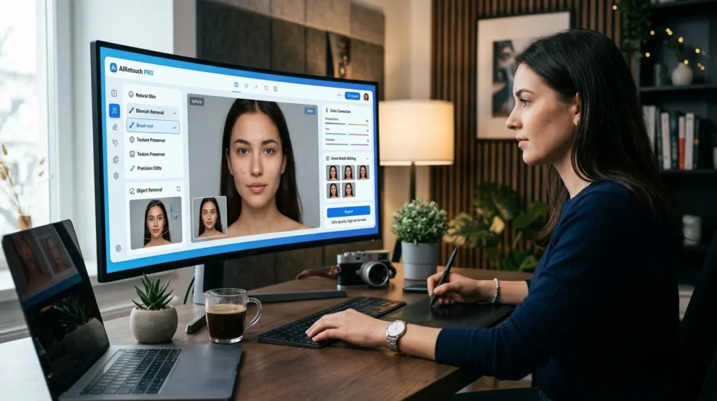 AI Retouching enhancing portrait and product photos while preserving natural skin texture and realistic image details