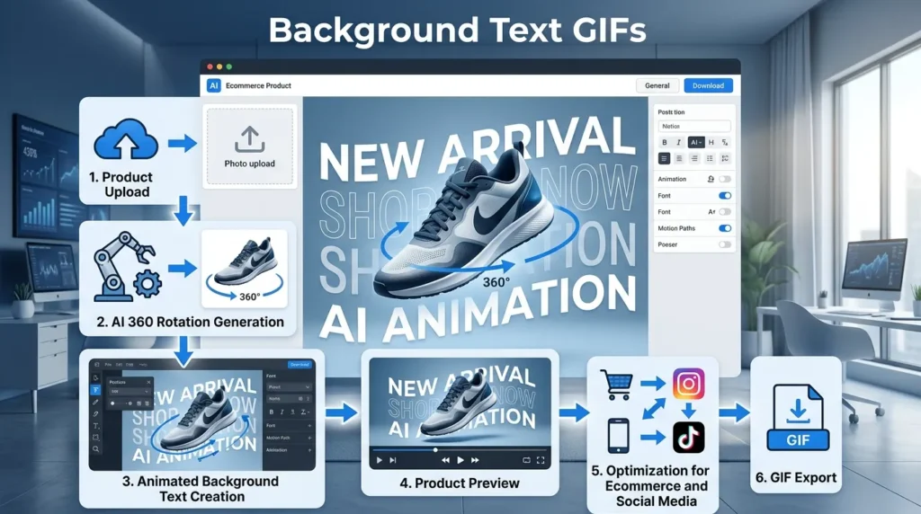 AI Background Text GIFs displaying rotating products with animated promotional text in the background