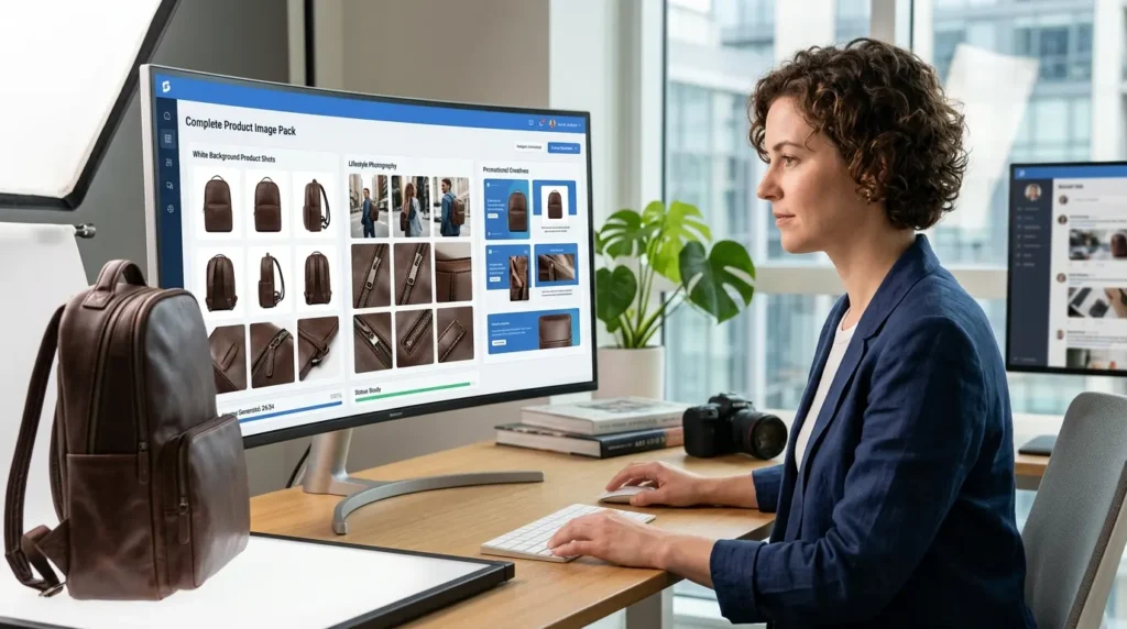 AI E-commerce Shoot Packs generating complete product photo collections for ecommerce stores