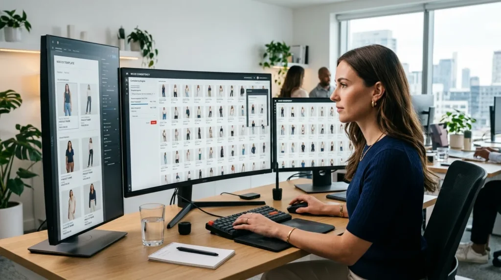 AI Reusable Templates creating consistent fashion catalog layouts for ecommerce and lookbooks