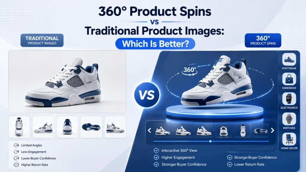 Comparison between 360° product spins and traditional product images for ecommerce businesses.