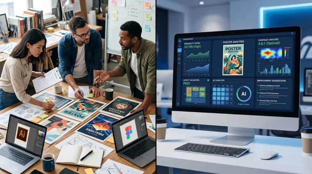 AI Design Quality Analysis reviewing a poster design for quality, readability, and visual balance