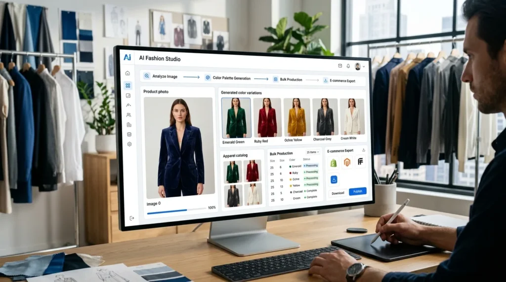 AI Apparel Color Switch generating multiple clothing color variations for a fashion product