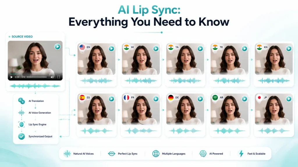 AI Lip Sync synchronizing translated speech with realistic mouth movements for multilingual videos.