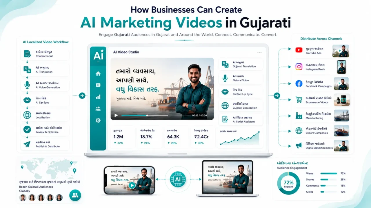 AI Marketing Videos in Gujarati helping businesses create localized promotional videos using artificial intelligence.