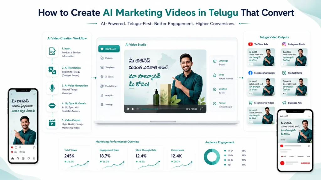 AI Marketing Videos in Telugu helping businesses create localized promotional videos using artificial intelligence.