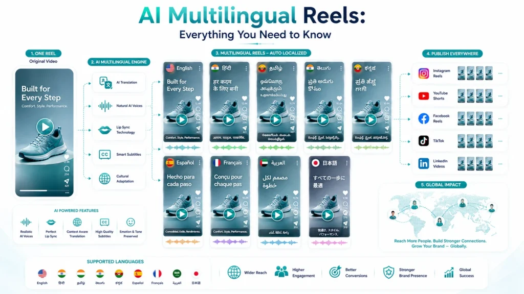 AI Multilingual Reels helping businesses create localized short-form videos using AI translation and lip sync