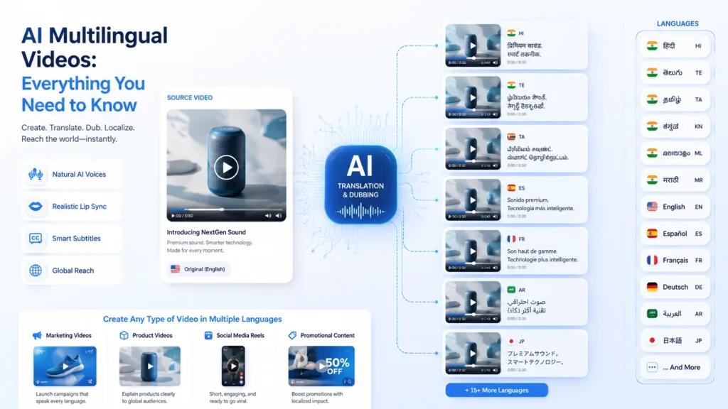 AI Multilingual Videos helping businesses create translated marketing videos with AI voice generation and lip sync.