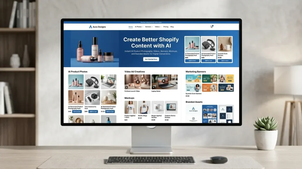 AI helping Shopify stores create professional product images, marketing creatives, and ecommerce content.
