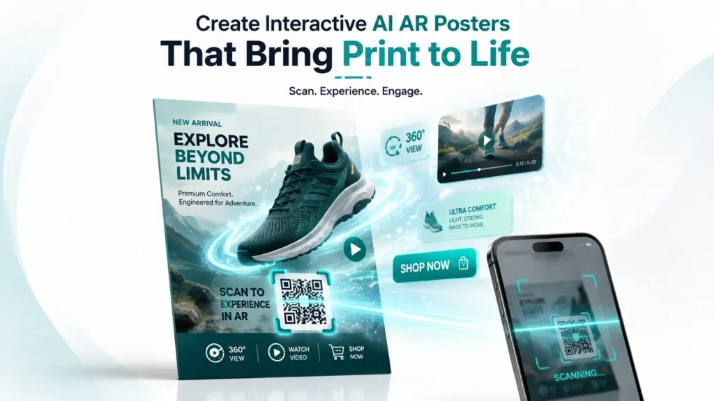 AI AR Posters with QR codes launching immersive WebAR marketing experiences.