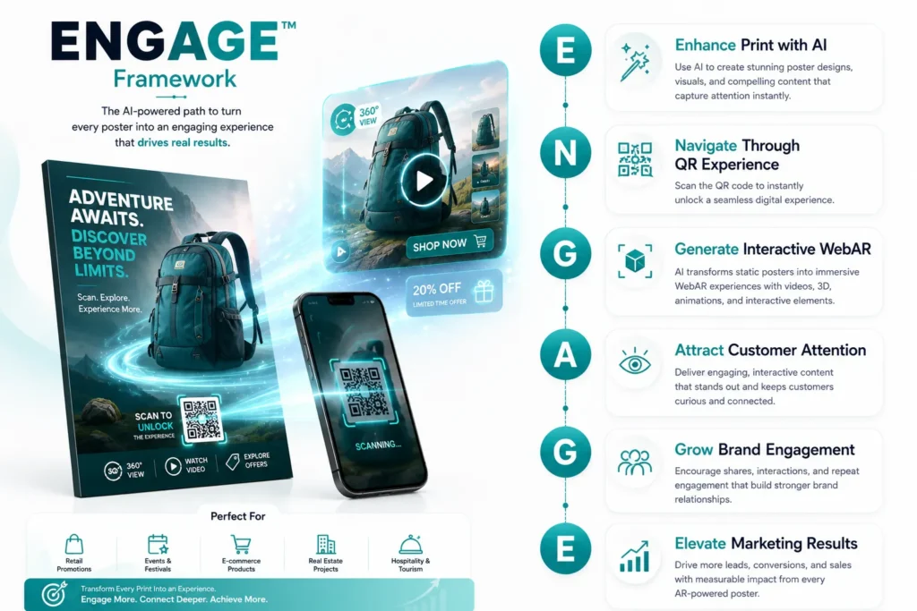 AI AR Posters with QR codes launching immersive WebAR marketing experiences.