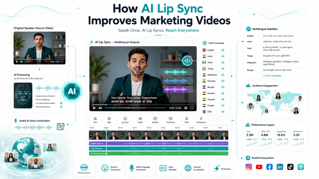 AI Lip Sync technology creating natural multilingual marketing videos with synchronized lip movements.