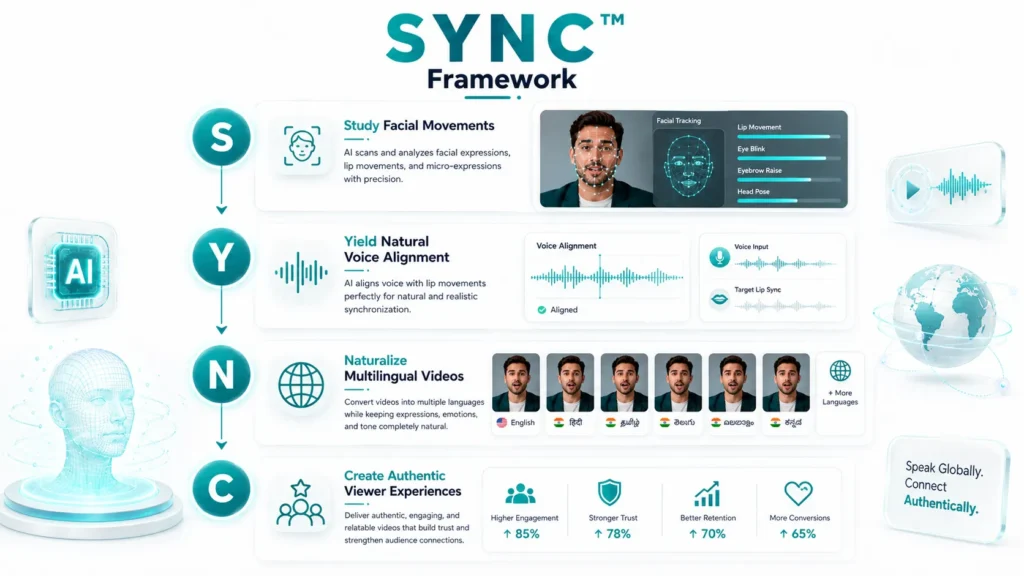 AI Lip Sync technology creating natural multilingual marketing videos with synchronized lip movements.