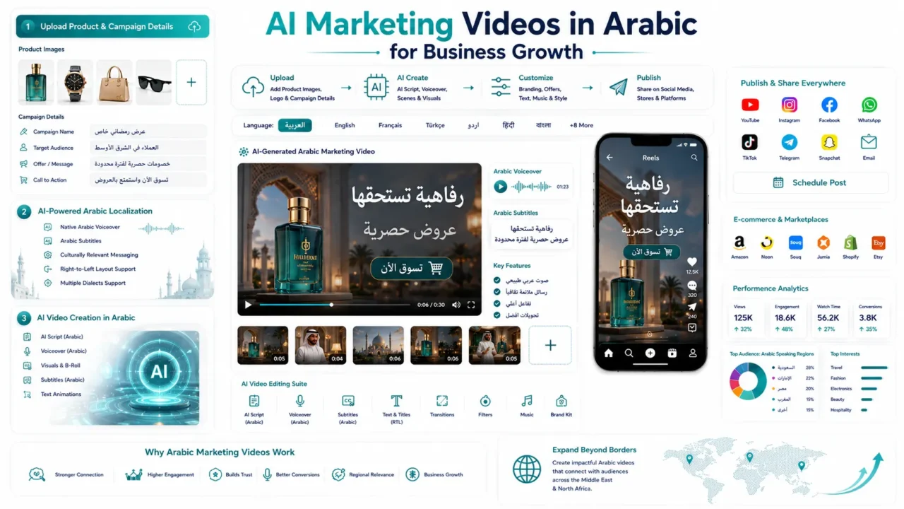 AI Marketing Videos in Arabic helping businesses engage Arabic-speaking audiences with localized video content.