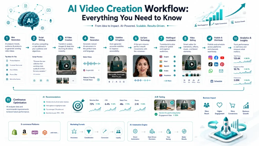 AI Video Creation Workflow showing automated video production, editing, publishing, and optimization using artificial intelligence.