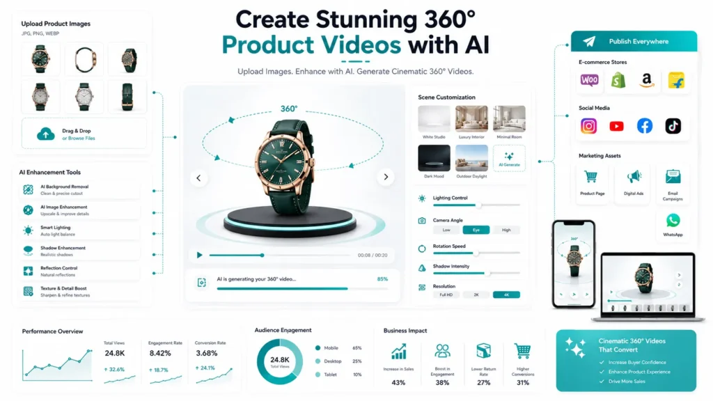 AI platform creating cinematic 360° product videos from uploaded product images.