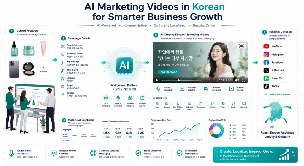 AI Marketing Videos in Korean helping businesses engage Korean-speaking audiences through localized video content.