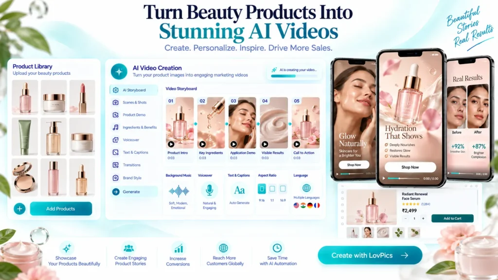 AI video for beauty and cosmetics products showing product application and benefits