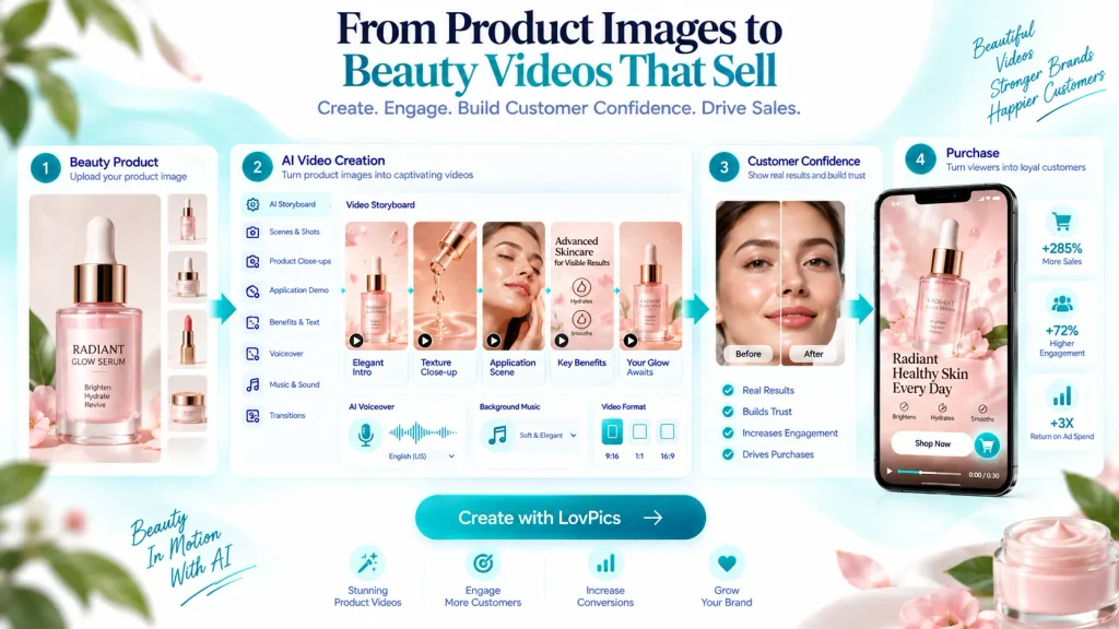 A premium SaaS illustration showing beauty and cosmetics products transformed into AI-generated videos featuring product details, application demonstrations, benefits, and ecommerce calls to action.