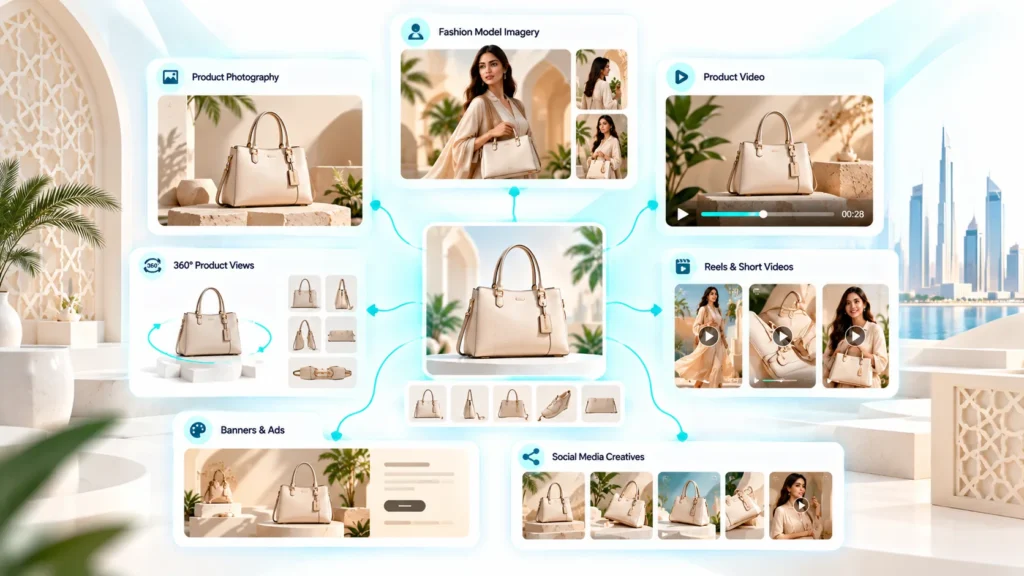 AI visual content for UAE e-commerce brands creating product photos videos and marketing creatives
